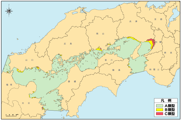 瀬戸内海におけるＣＯＤに係る環境基準類型指定状況を示した瀬戸内海全域図