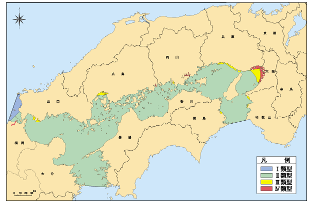 瀬戸内海における全窒素及び全燐に係る環境基準類型指定状況を示した瀬戸内海全域図