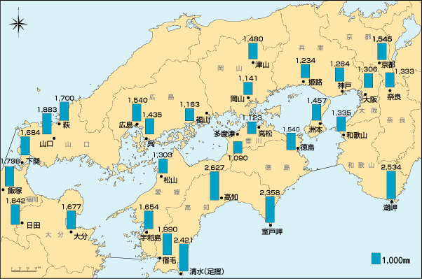 瀬戸内海の年間降水量の分布