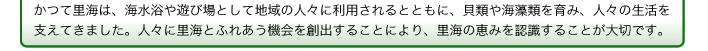 かつて里海は、海水浴や遊び場として地域の人々に利用されるとともに、貝類や海藻類を育み、人々の生活を支えてきました。人々に里海とふれあう機会を創出することにより、里海の恵みを認識することが大切です。