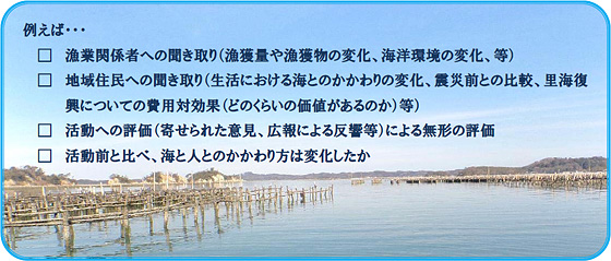 評価と見直しの例として、漁業者や住民への聞き取り、無形の評価などがあげられます。