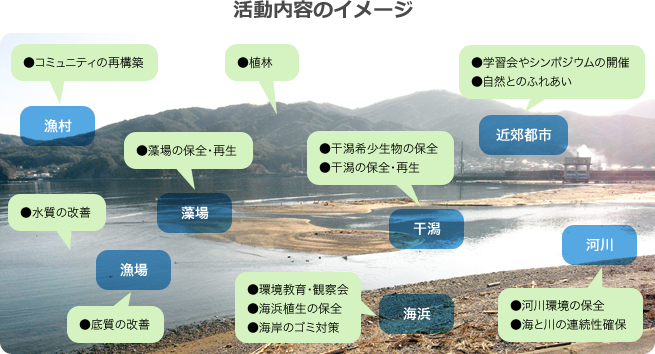 活動内容は漁村、近郊都市、藻場、干潟、河川、漁場、海浜と多岐にわたります